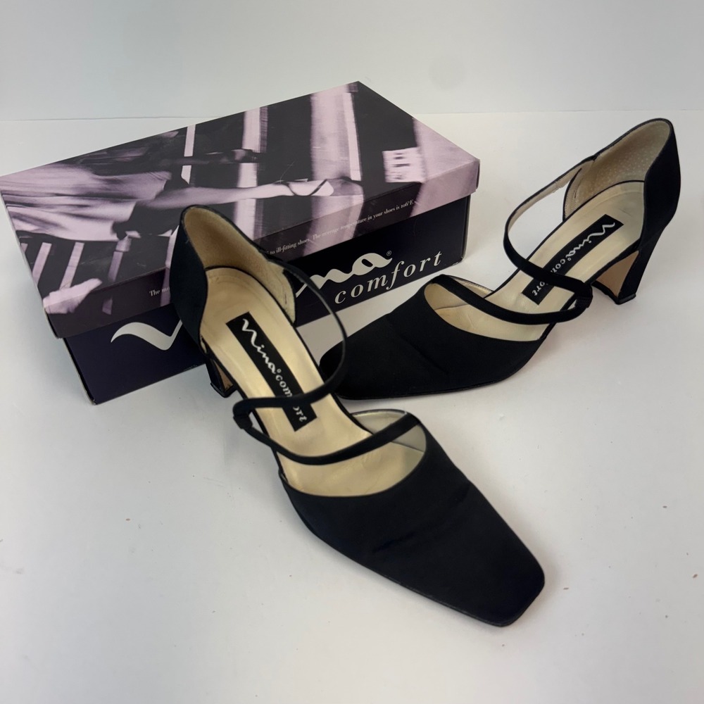 Nina Comfort Brilliant Black Luster Satin Square Toe Strappy Pumps Heels Size 9M